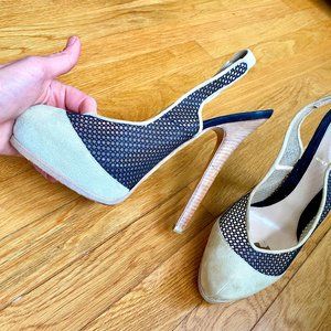 Fendi Ivory Suede Blk Mesh Slingback Pumps - size 39